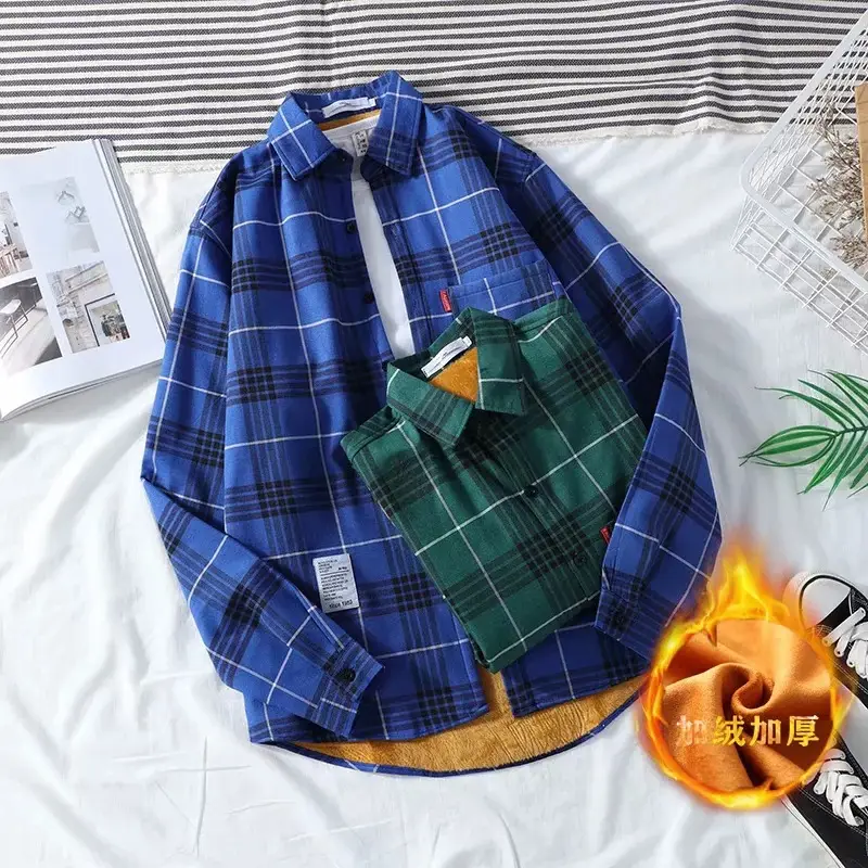 Men Plaid Fleece Long Sleeve Shirt Green Plus Size - Image 7