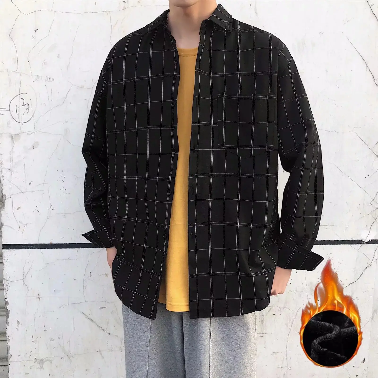 Men's Black Plaid Long Sleeve Shirt with Velvet Inner - Image 4