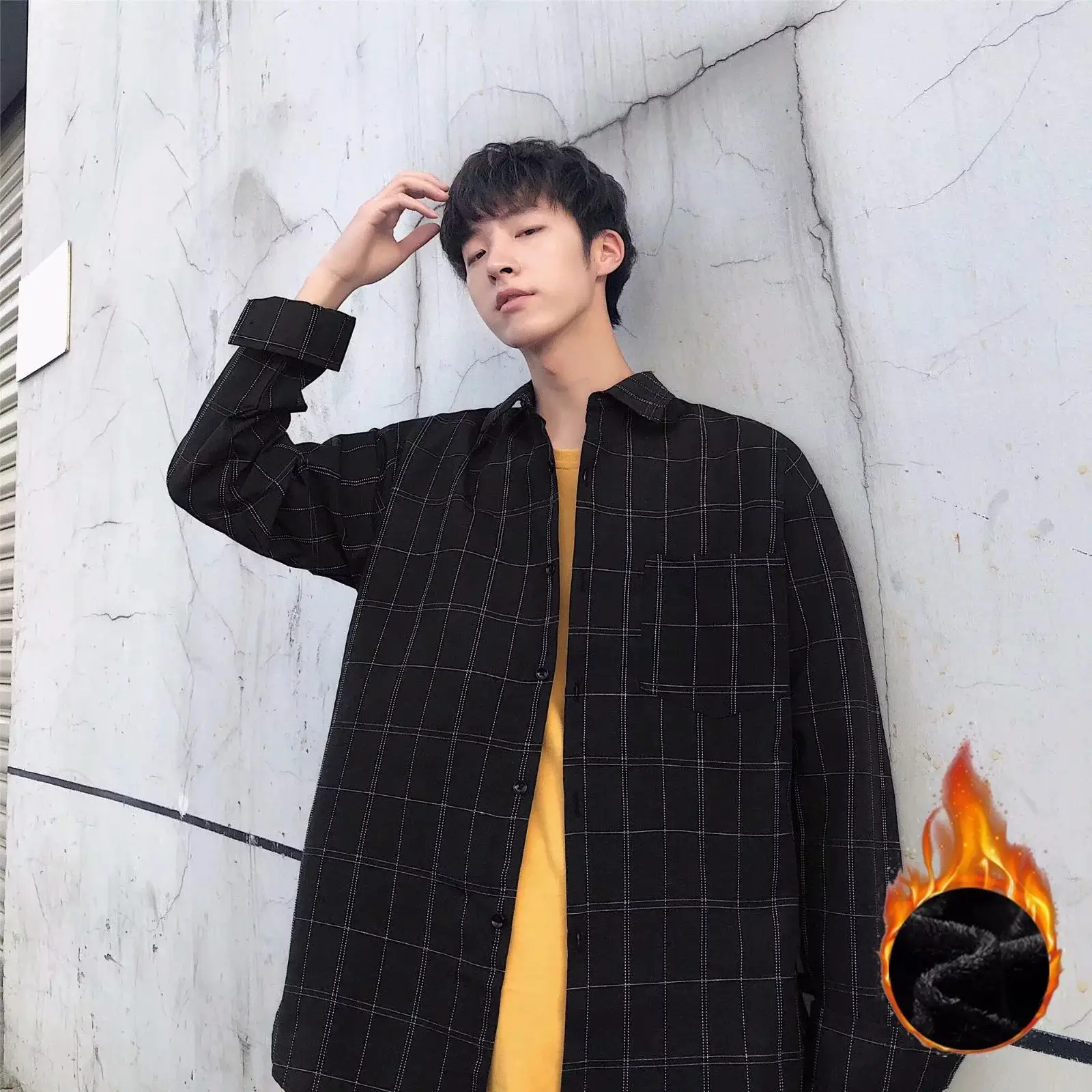 Men's Black Plaid Long Sleeve Shirt with Velvet Inner - Image 5