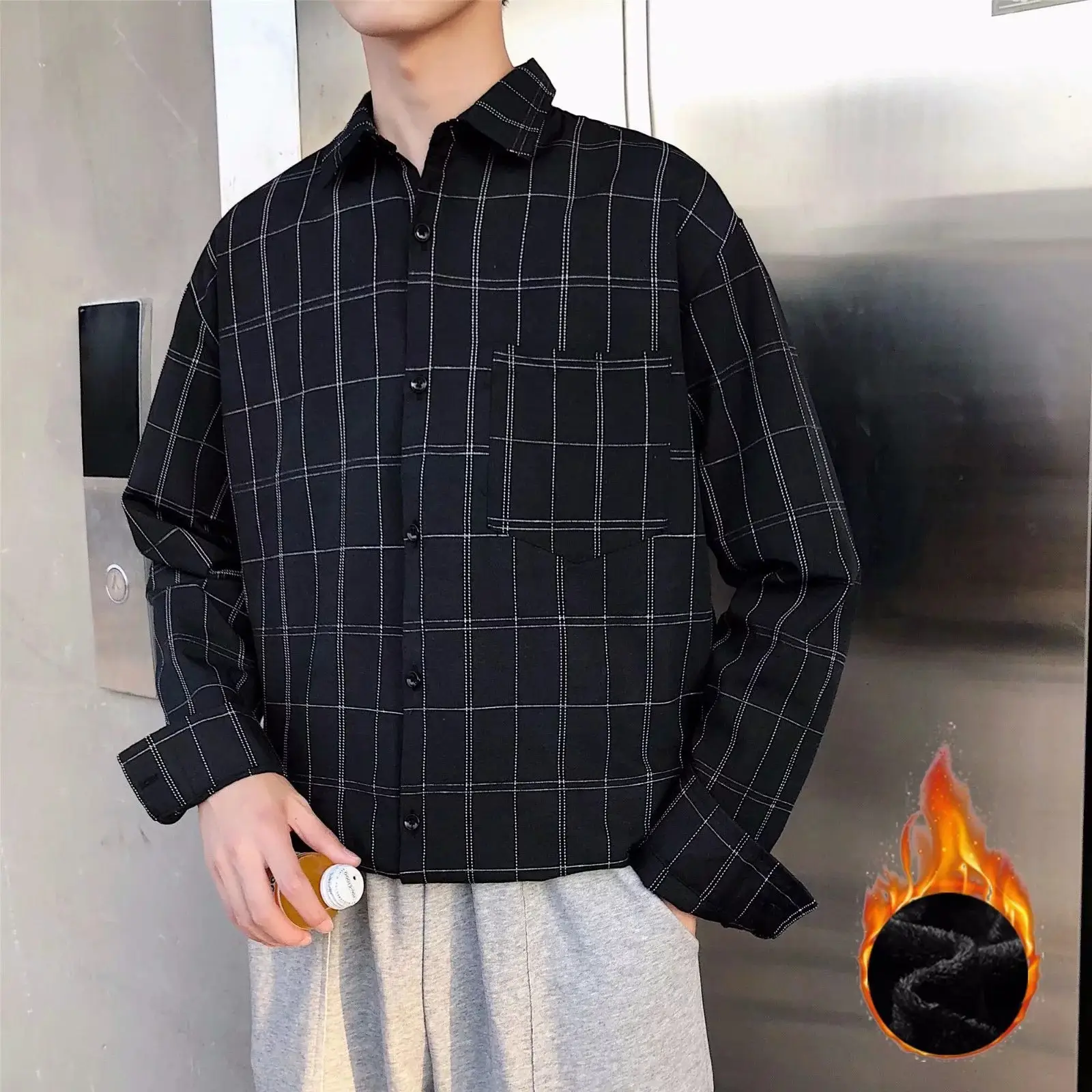 Men's Black Plaid Long Sleeve Shirt with Velvet Inner - Image 6