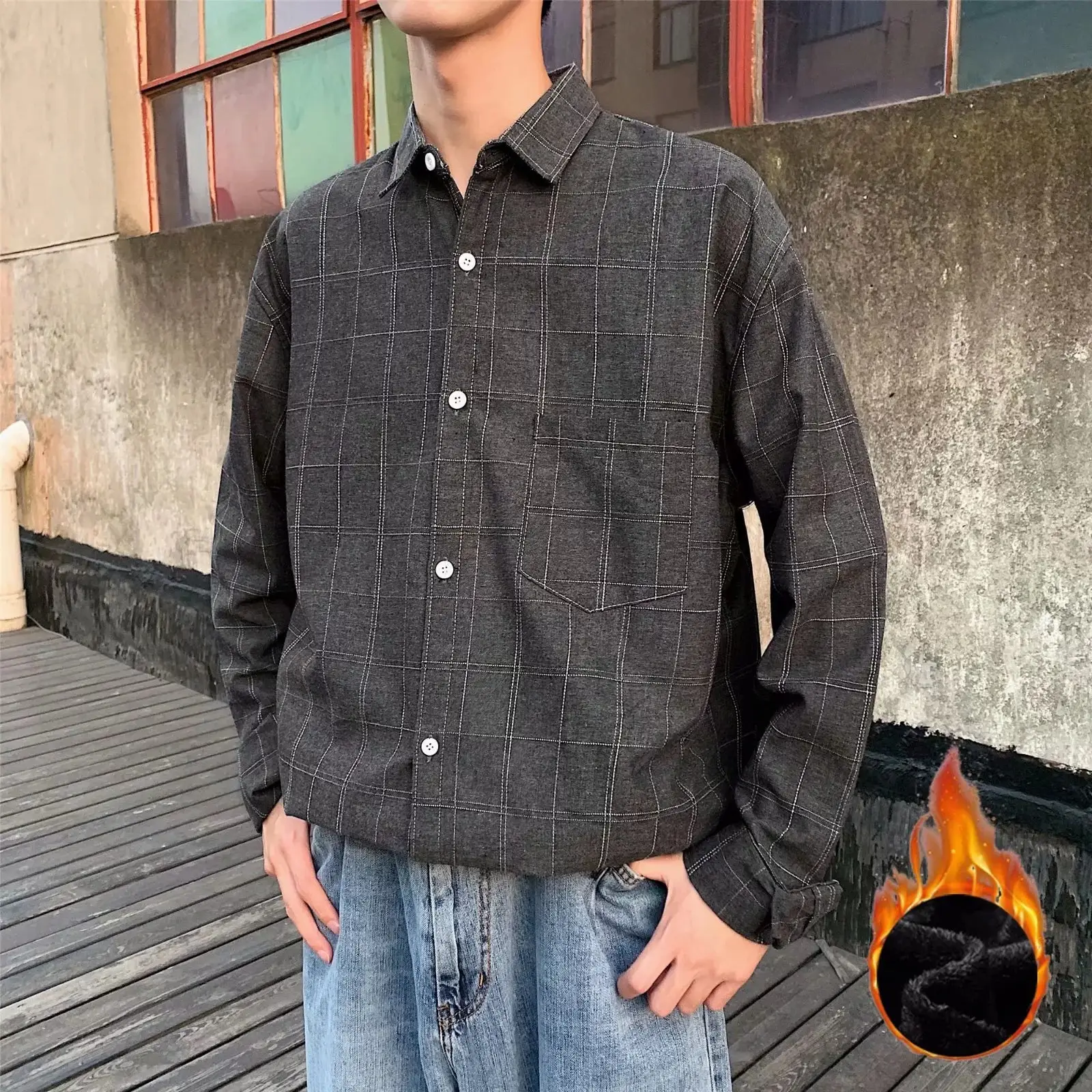 Men's Black Plaid Long Sleeve Shirt with Velvet Inner - Image 7
