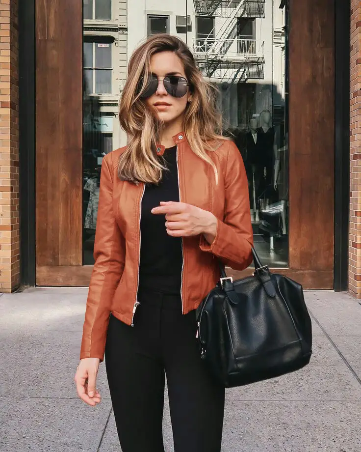 Women's Leather PU Jacket Suit Brown Black Winter Fashion - Image 3