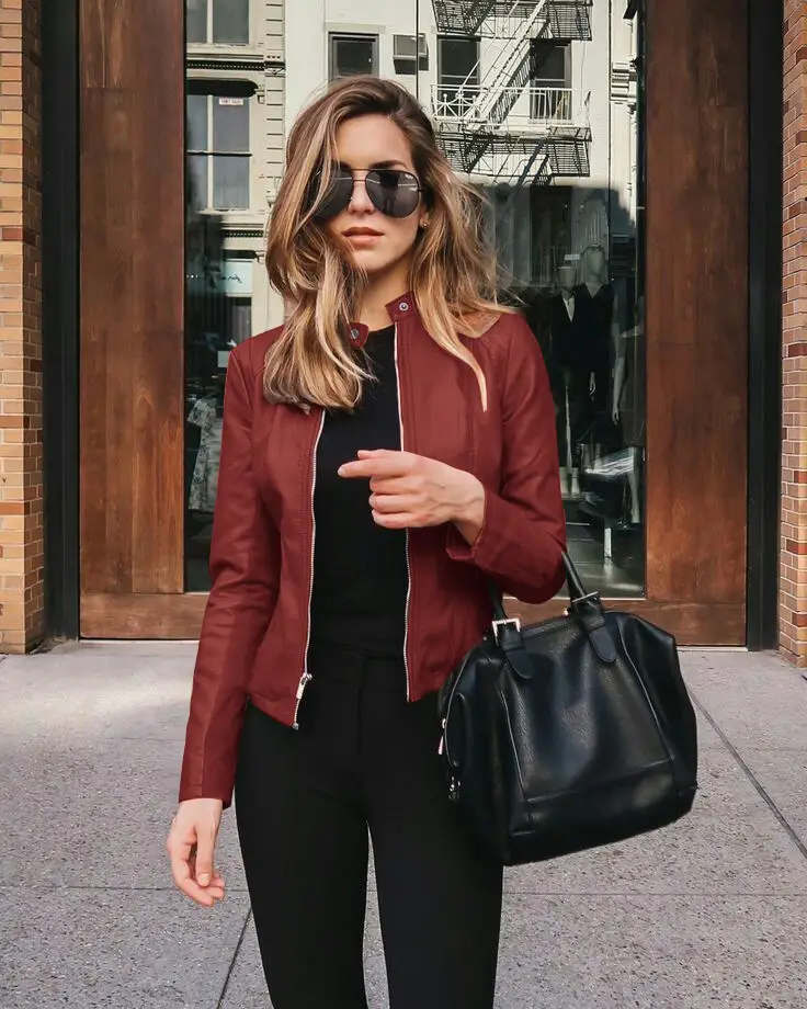 Women's Leather PU Jacket Suit Brown Black Winter Fashion - Image 8