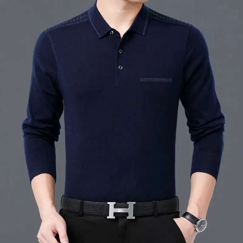 Men's Blue Knitted Long Sleeve Polo Shirt with Belt - Image 3