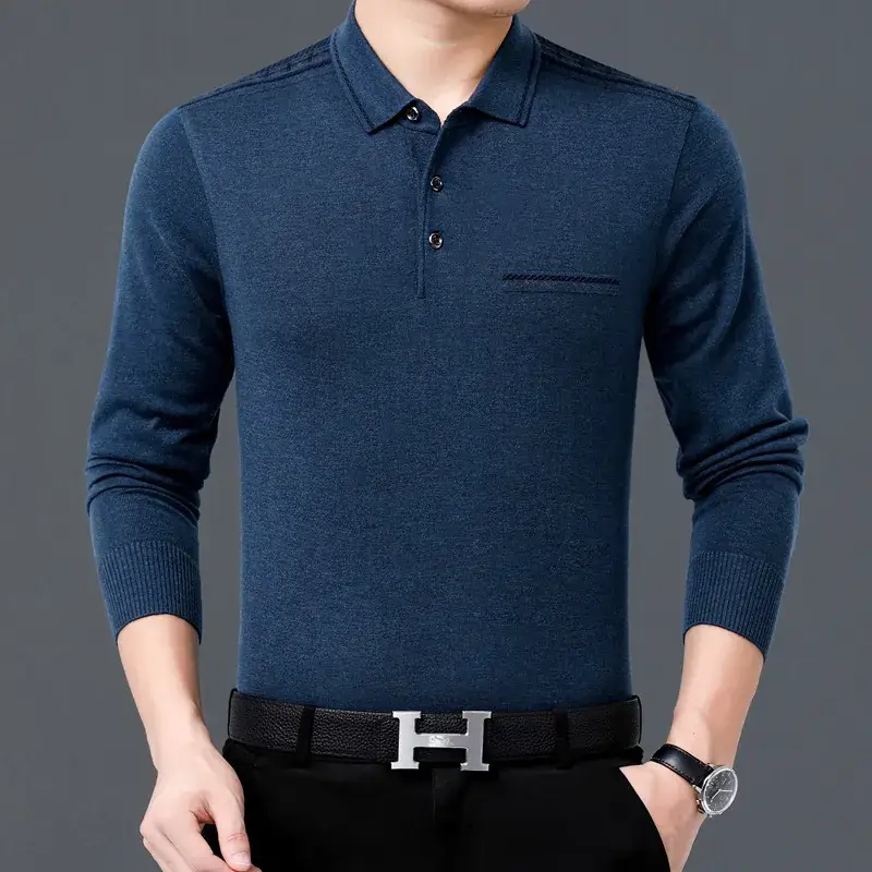 Men's Blue Knitted Long Sleeve Polo Shirt with Belt - Image 4