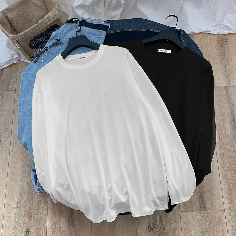 Men's Long Sleeve T-Shirt White Black Loose Korean Style - Image 3