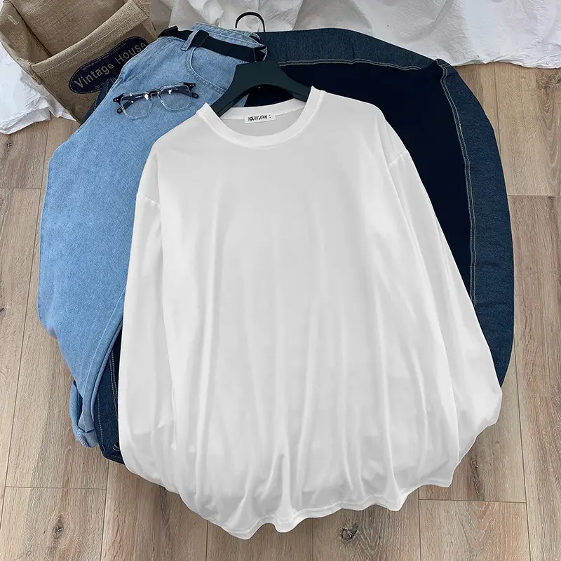Men's Long Sleeve T-Shirt White Black Loose Korean Style - Image 4
