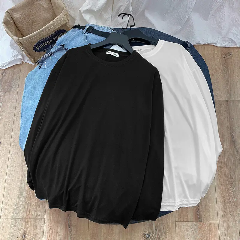 Men's Long Sleeve T-Shirt White Black Loose Korean Style - Image 6