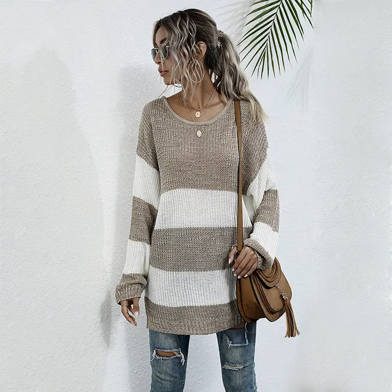 Long Sleeve Striped Knit Sweater Round Neck Mid Length