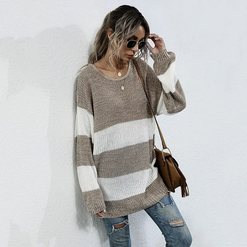 Long Sleeve Striped Knit Sweater Round Neck Mid Length