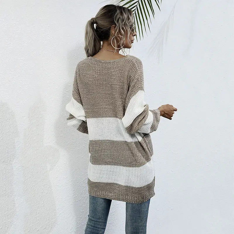 Long Sleeve Striped Knit Sweater Round Neck Mid Length