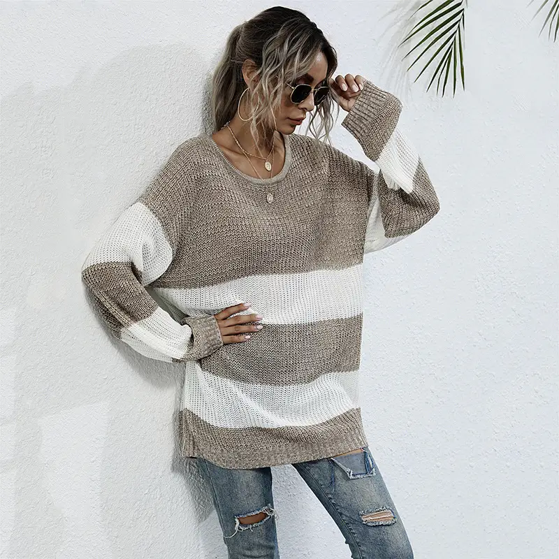 Long Sleeve Striped Knit Sweater Round Neck Mid Length