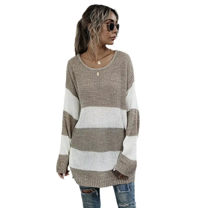 Long Sleeve Striped Knit Sweater Round Neck Mid Length