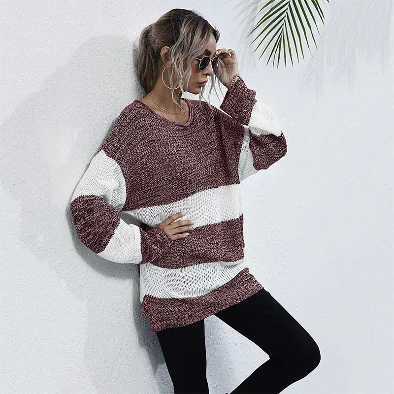 Long Sleeve Striped Knit Sweater Round Neck Mid Length
