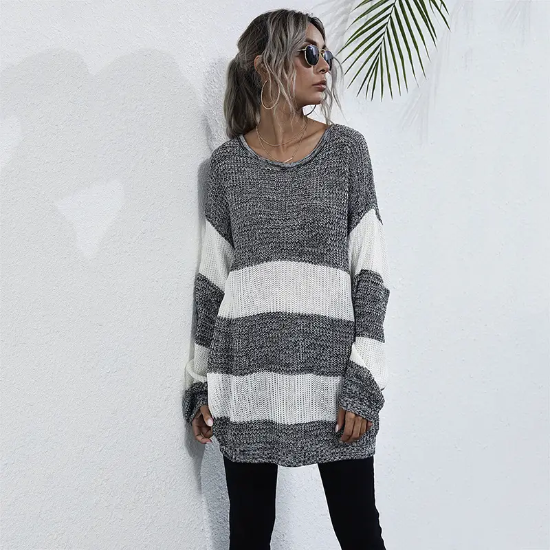 Long Sleeve Striped Knit Sweater Round Neck Mid Length