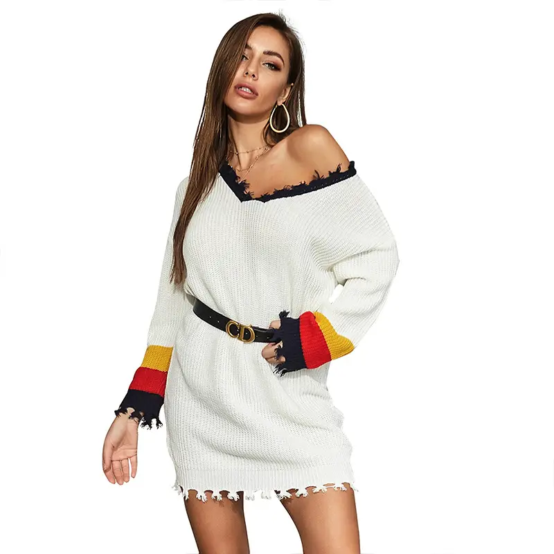 Women's White Knit Outfit with Colorful Arm Sleeves and Embroidered Trim - Image 5