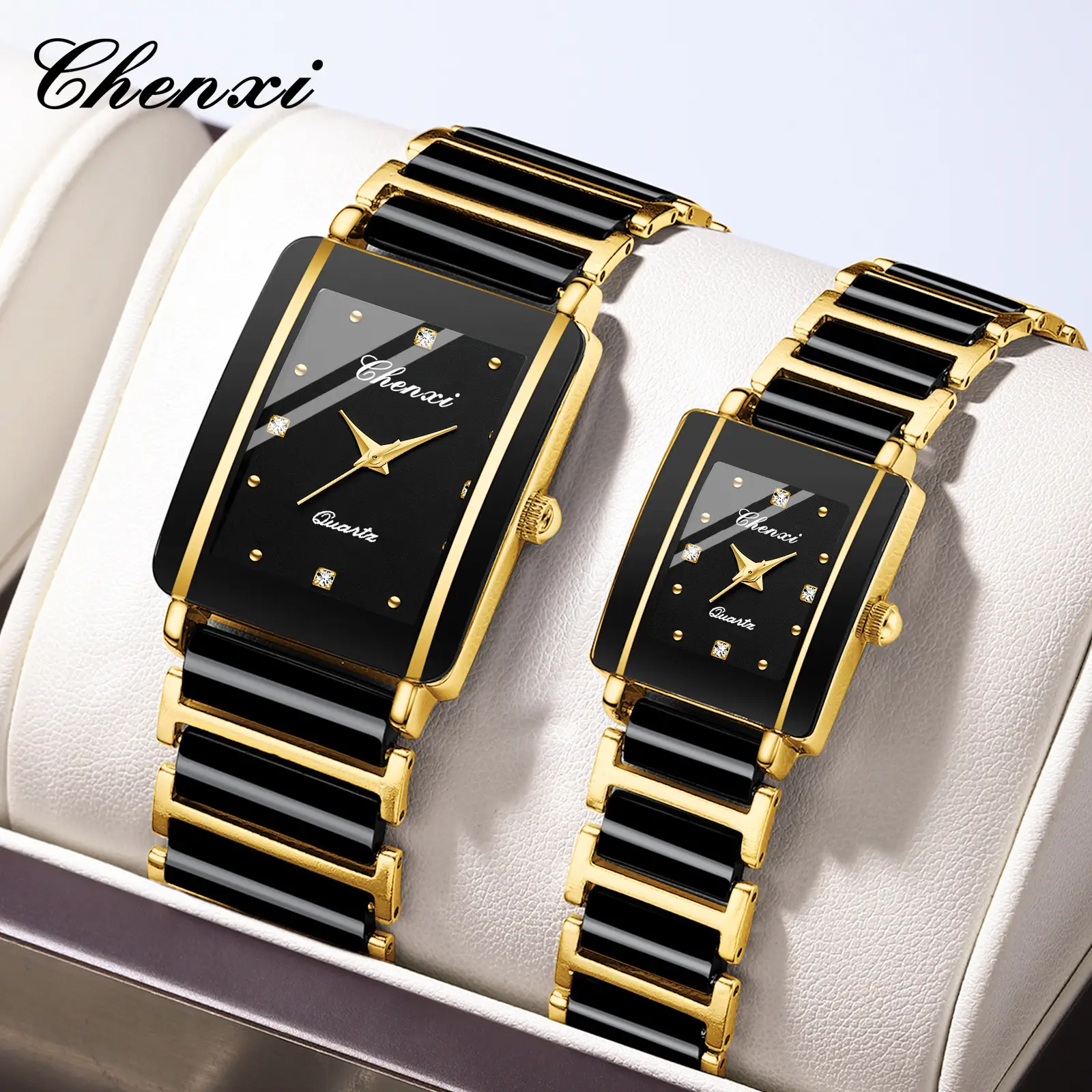 Chenxi Square Couple Watches Black Gold Ceramic Quartz