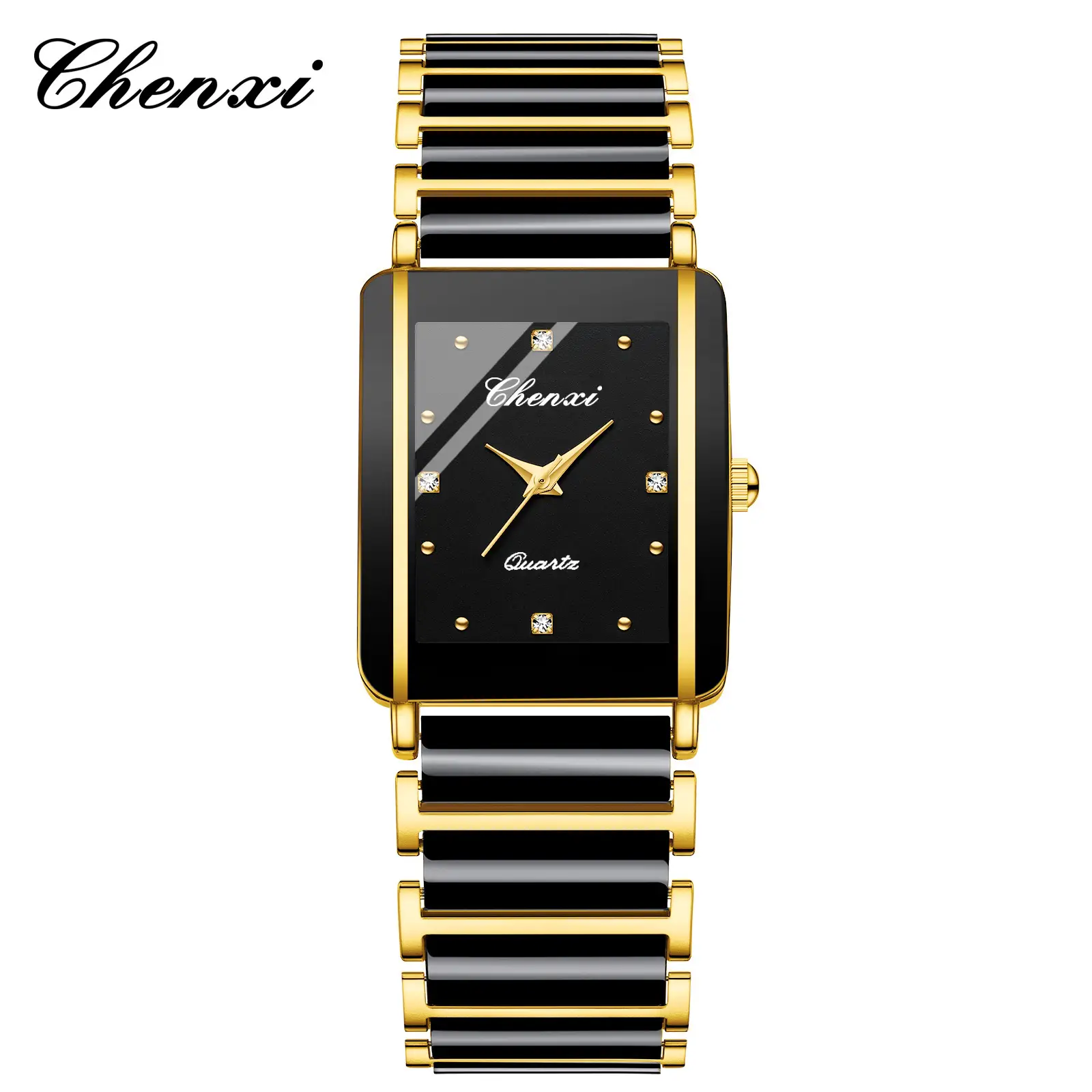 Chenxi Square Couple Watches Black Gold Ceramic Quartz