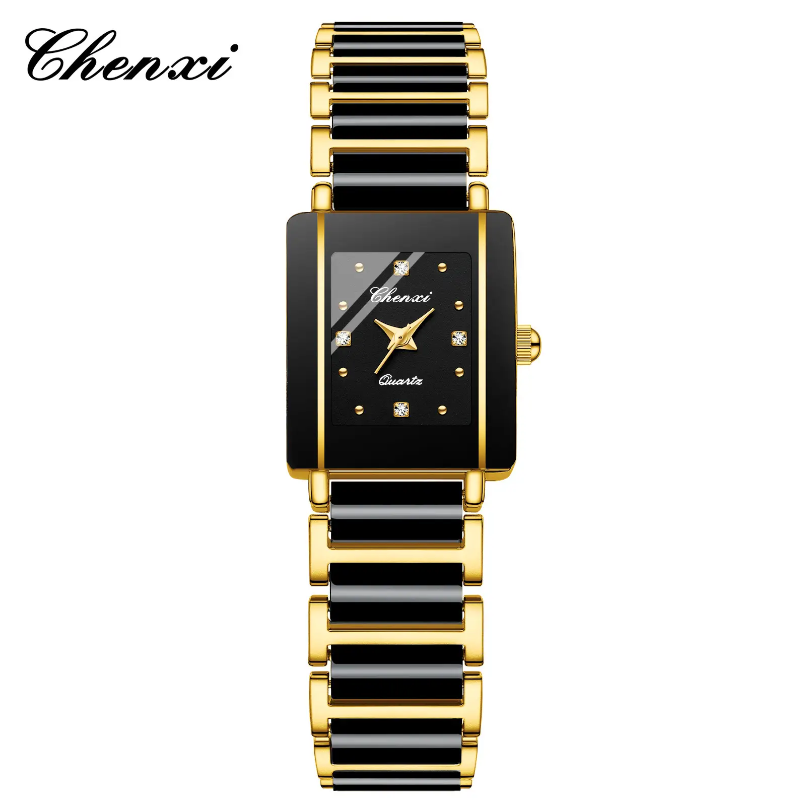 Chenxi Square Couple Watches Black Gold Ceramic Quartz