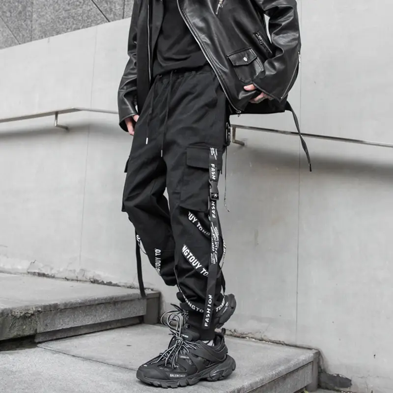 Men's Black Strap Overalls Korean Hiphop Pants Loose Fit
