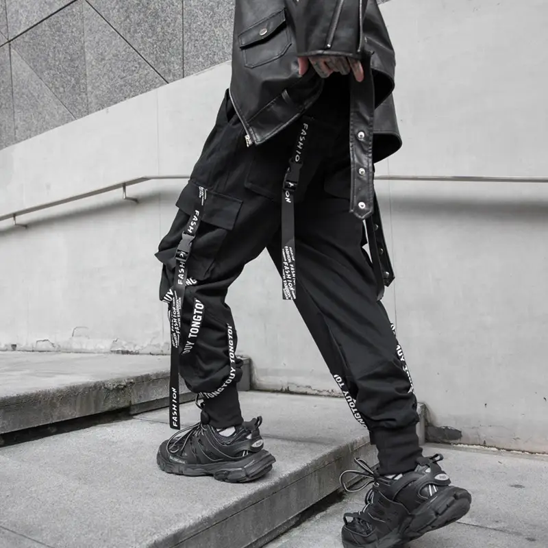Men's Black Strap Overalls Korean Hiphop Pants Loose Fit
