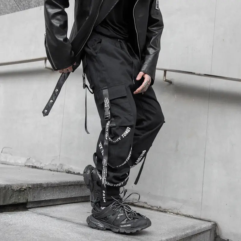 Men's Black Strap Overalls Korean Hiphop Pants Loose Fit