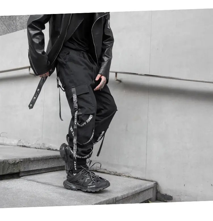 Men's Black Strap Overalls Korean Hiphop Pants Loose Fit — feature 7