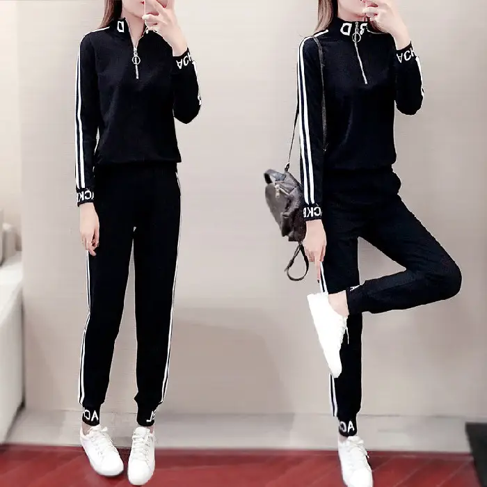Women Black Track Suit 2-Piece Sweatshirt Running Set - Image 2