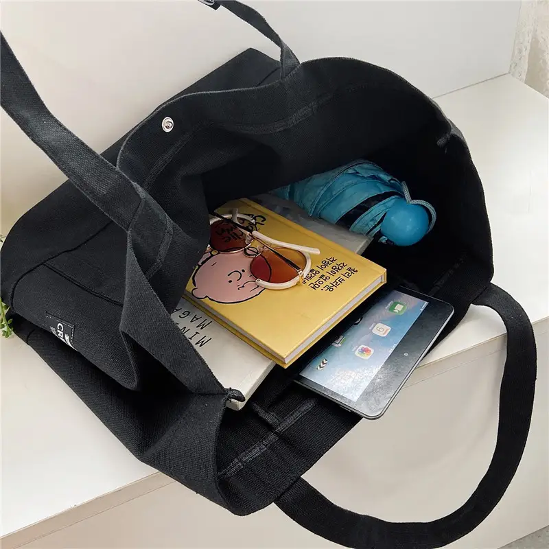 Black Canvas Women's Shoulder Bag Large Capacity Artistic Design - Image 9