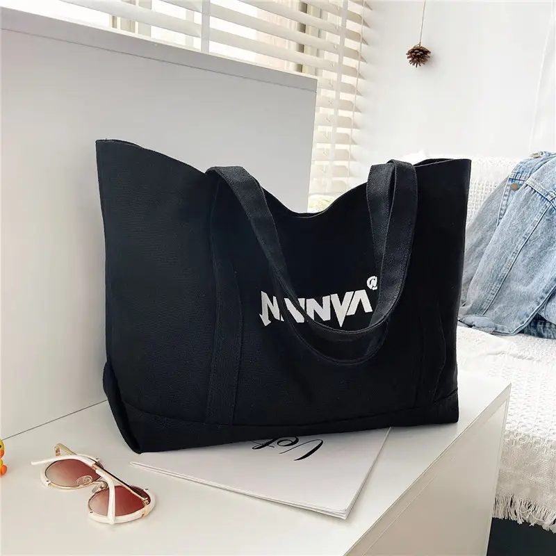 Black Canvas Women's Shoulder Bag Large Capacity Artistic Design - Image 3