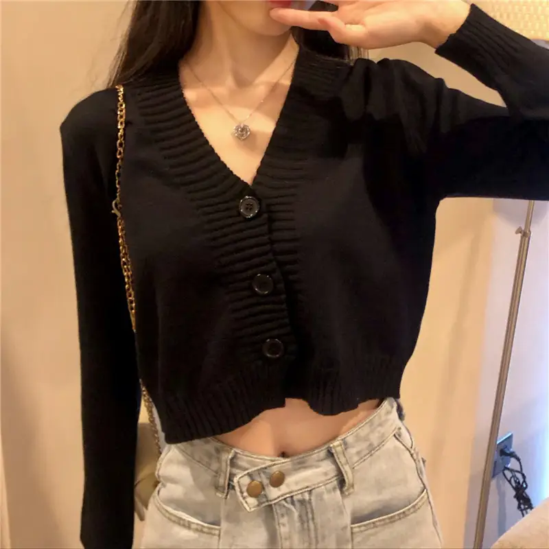 Black V-Neck Knitted Cardigan Coat for Women - Image 12