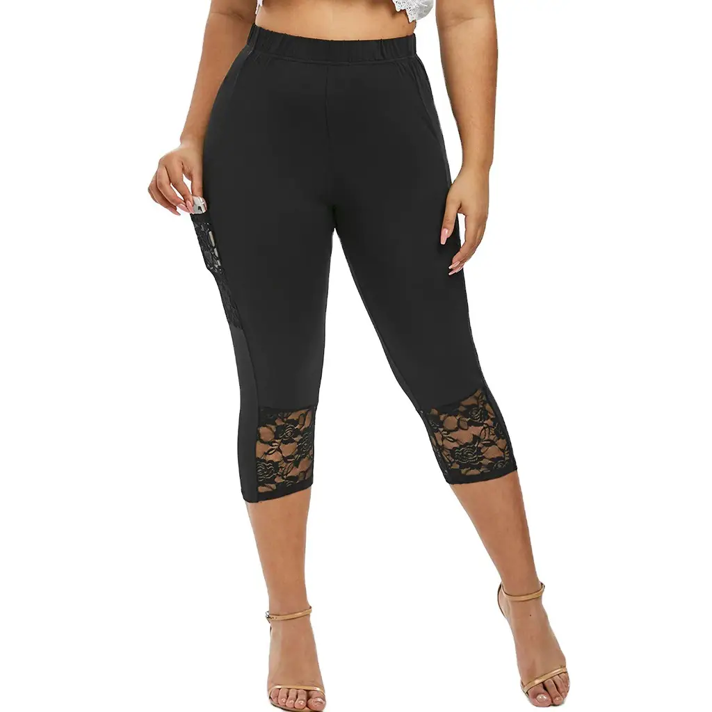 Women's Black Lace Cropped Yoga Pants Slim Fit Sports Leggings - Image 7