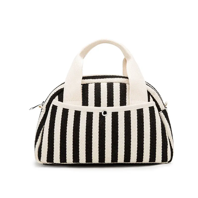 Striped Mummy Handbag for Women Black White Canvas