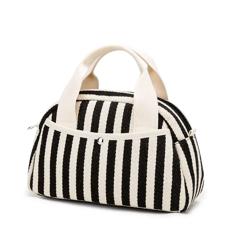 Striped Mummy Handbag for Women Black White Canvas