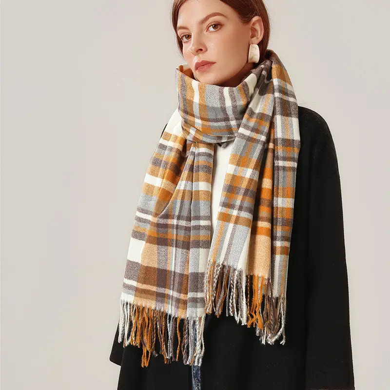 Women's Knitted Plaid Shawl Pink Grey Winter Warm - Image 7