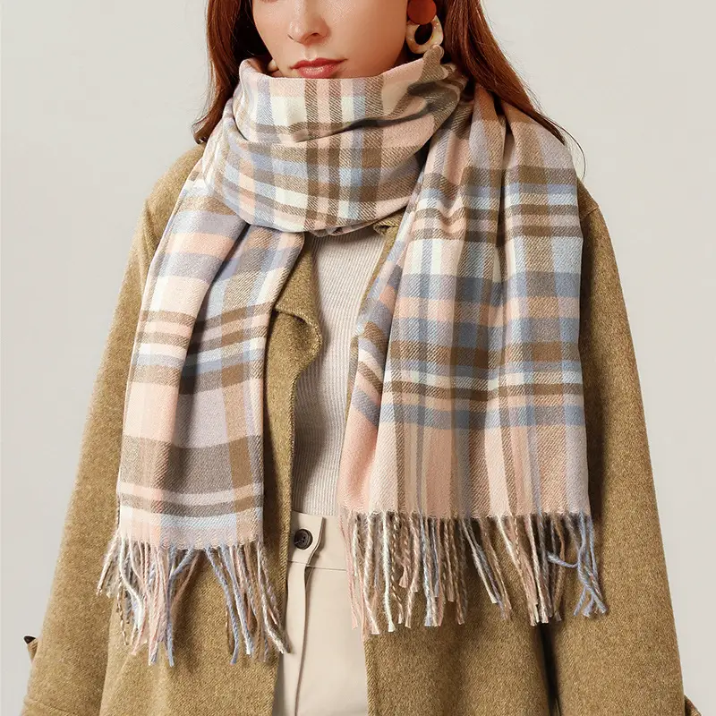 Women's Knitted Plaid Shawl Pink Grey Winter Warm - Image 8
