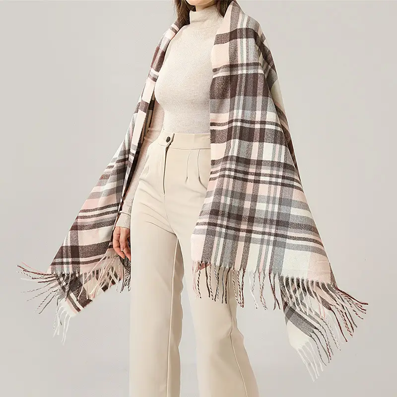 Women's Knitted Plaid Shawl Pink Grey Winter Warm - Image 9