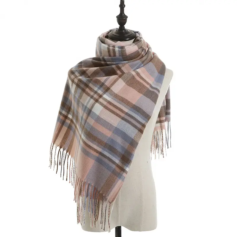 Women's Knitted Plaid Shawl Pink Grey Winter Warm - Image 10