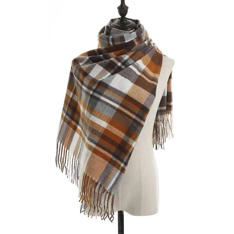 Women's Knitted Plaid Shawl Pink Grey Winter Warm - Image 2