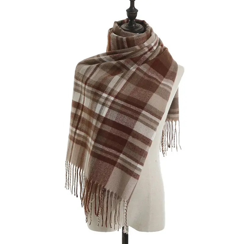 Women's Knitted Plaid Shawl Pink Grey Winter Warm - Image 3