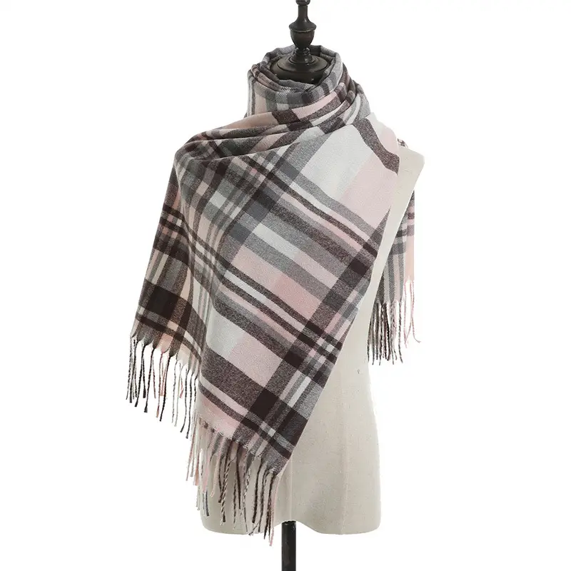 Women's Knitted Plaid Shawl Pink Grey Winter Warm - Image 5