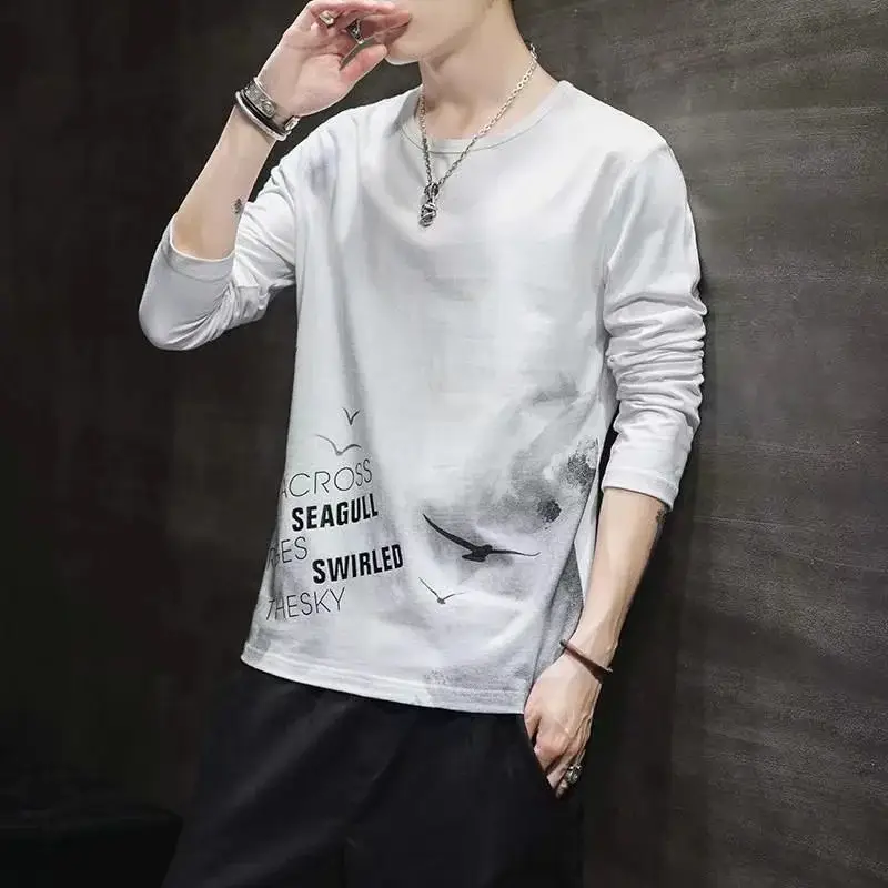 Men Long Sleeve T-Shirt Grey Loose Teenager Style - Image 2