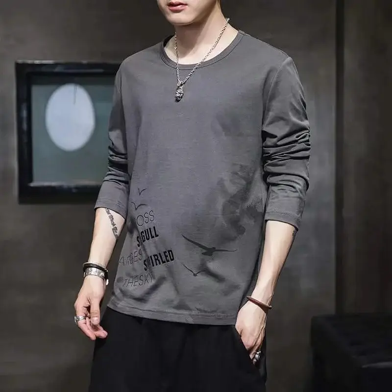 Men Long Sleeve T-Shirt Grey Loose Teenager Style - Image 3