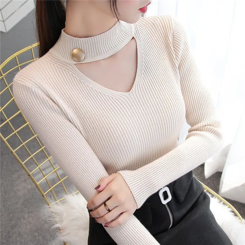 Hollow Neck Long Sleeve Knitted Sweater Women - Image 8