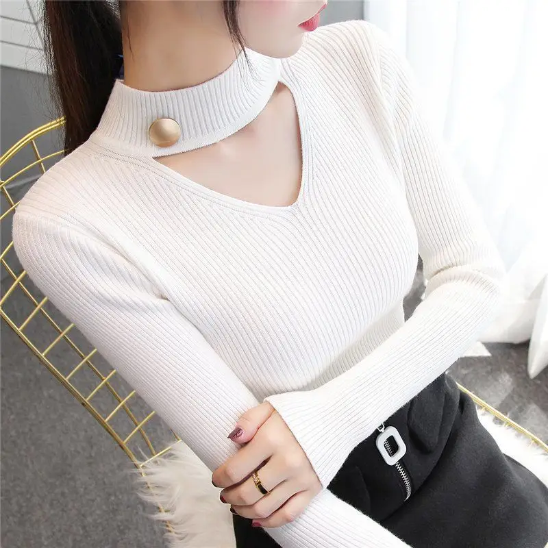 Hollow Neck Long Sleeve Knitted Sweater Women - Image 9