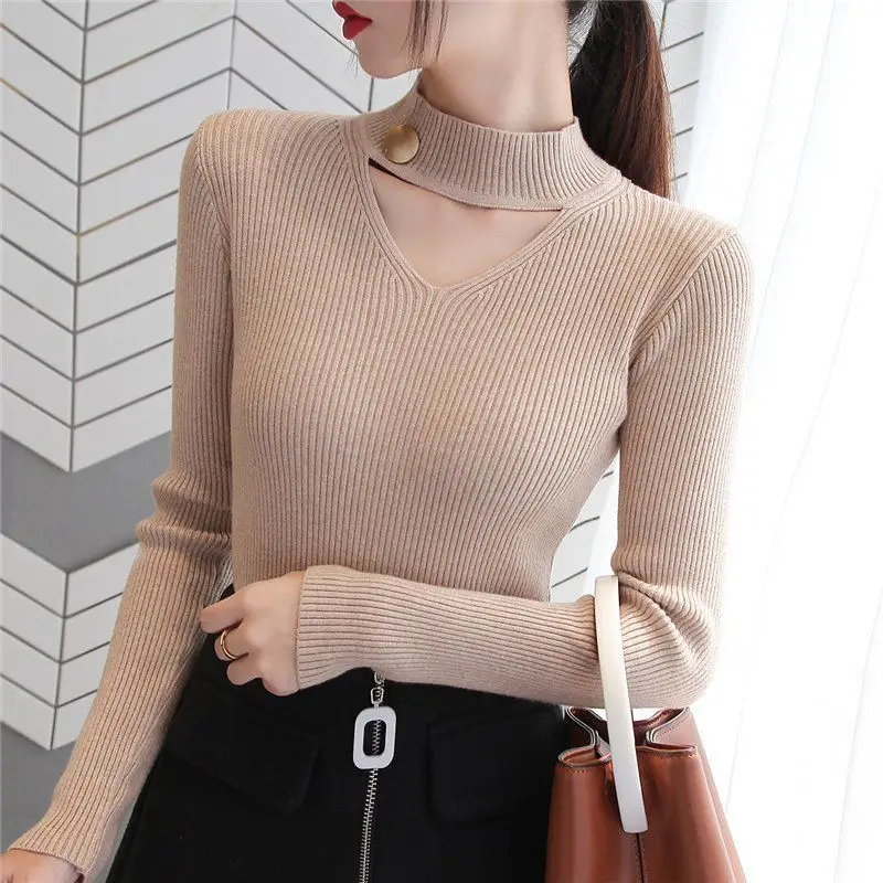 Hollow Neck Long Sleeve Knitted Sweater Women - Image 10