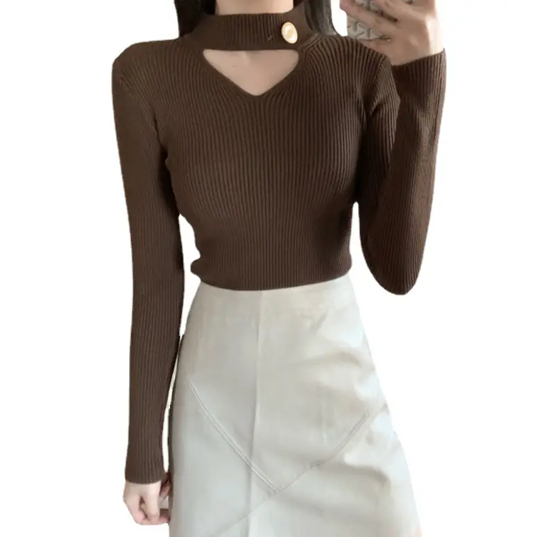 Hollow Neck Long Sleeve Knitted Sweater Women - Image 11
