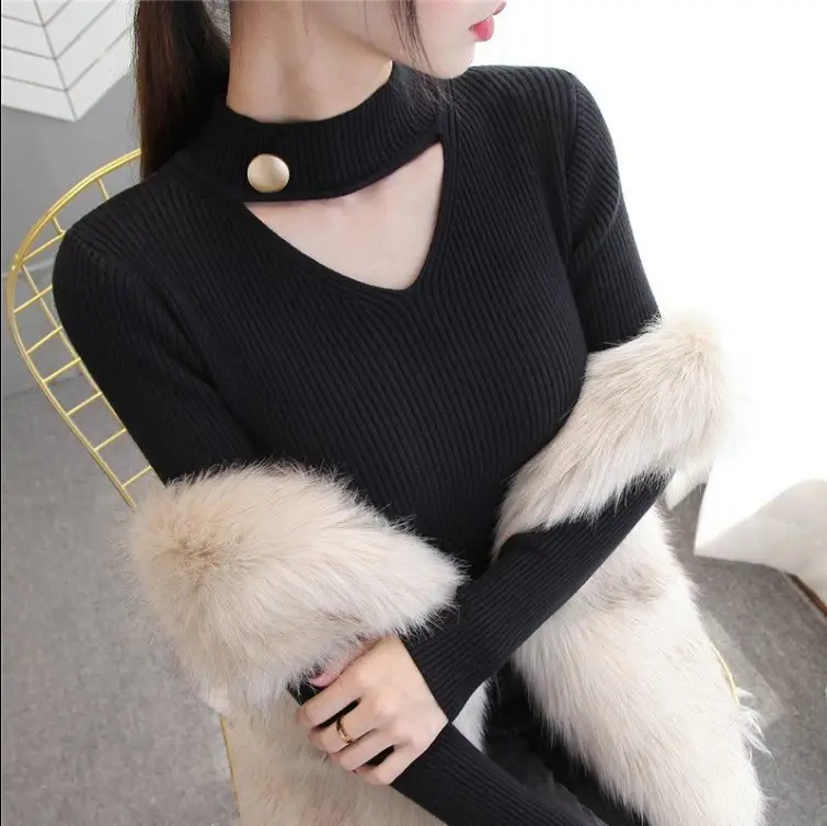 Hollow Neck Long Sleeve Knitted Sweater Women - Image 4