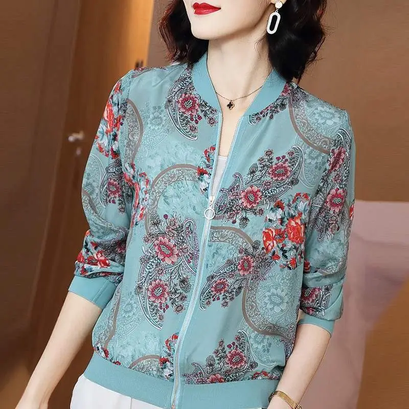 Women Floral Chiffon Jacket Light Blue Long Sleeve Summer Wear - Image 3