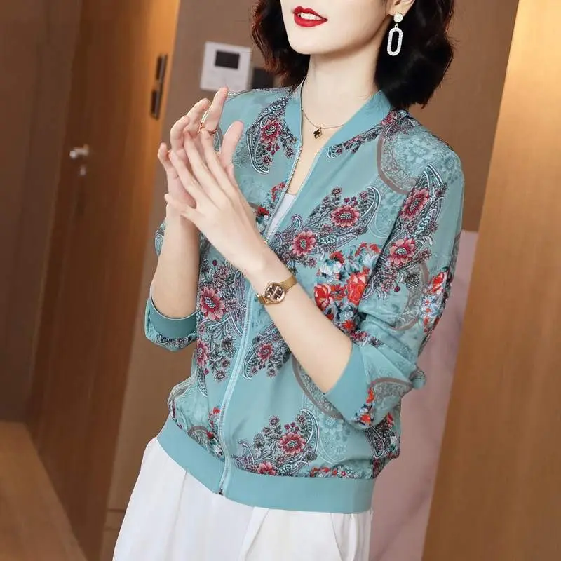 Women Floral Chiffon Jacket Light Blue Long Sleeve Summer Wear - Image 5